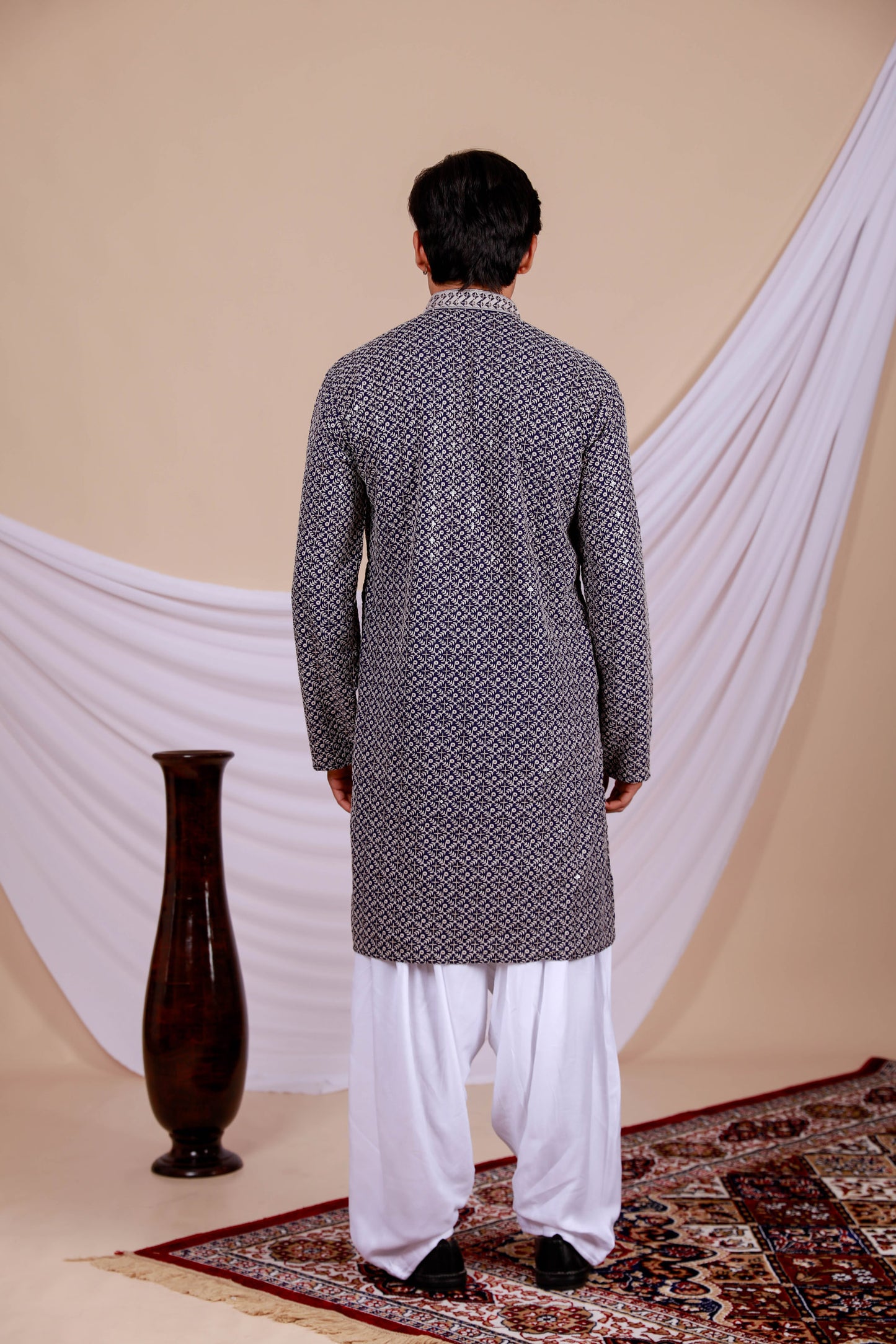 Blue Lucknowi Kurta with White Embroidery Work (Only Kurta)