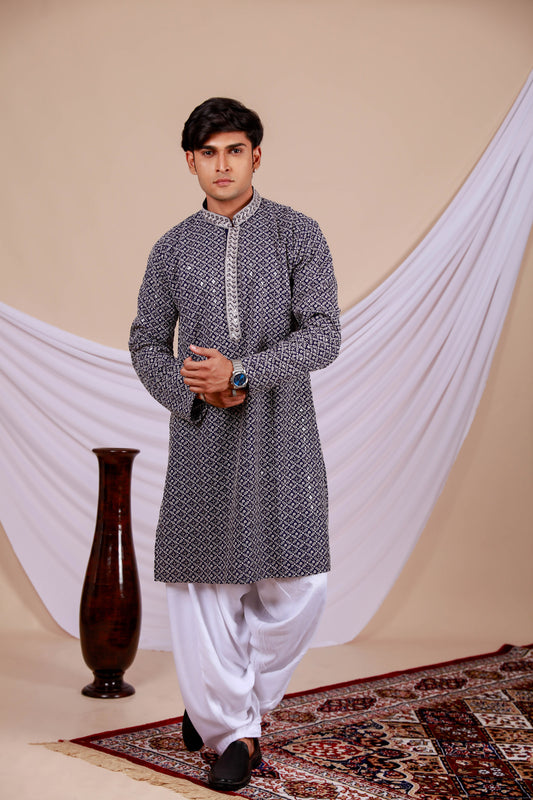 Blue Lucknowi Kurta with White Embroidery Work (Only Kurta)