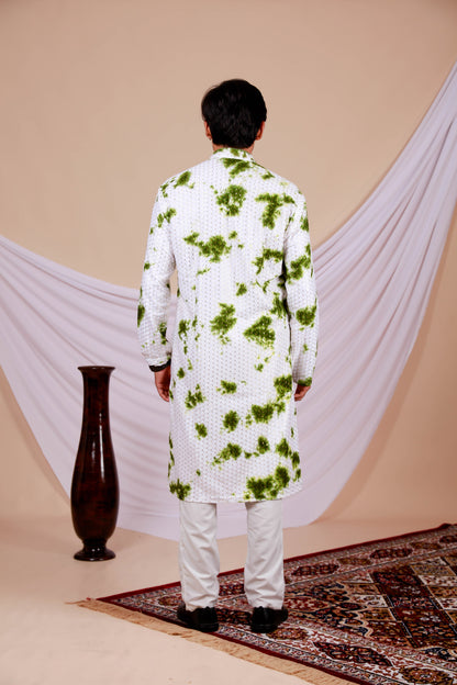 White Lucknowi Kurta With Jari Printed Green Splash Pattern (Only Kurta)