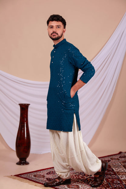 Peacock Blue Lucknowi Chikankari Kurta for Men (Only Kurta)