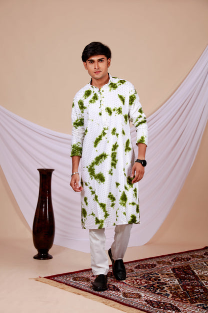 White Lucknowi Kurta With Jari Printed Green Splash Pattern (Only Kurta)