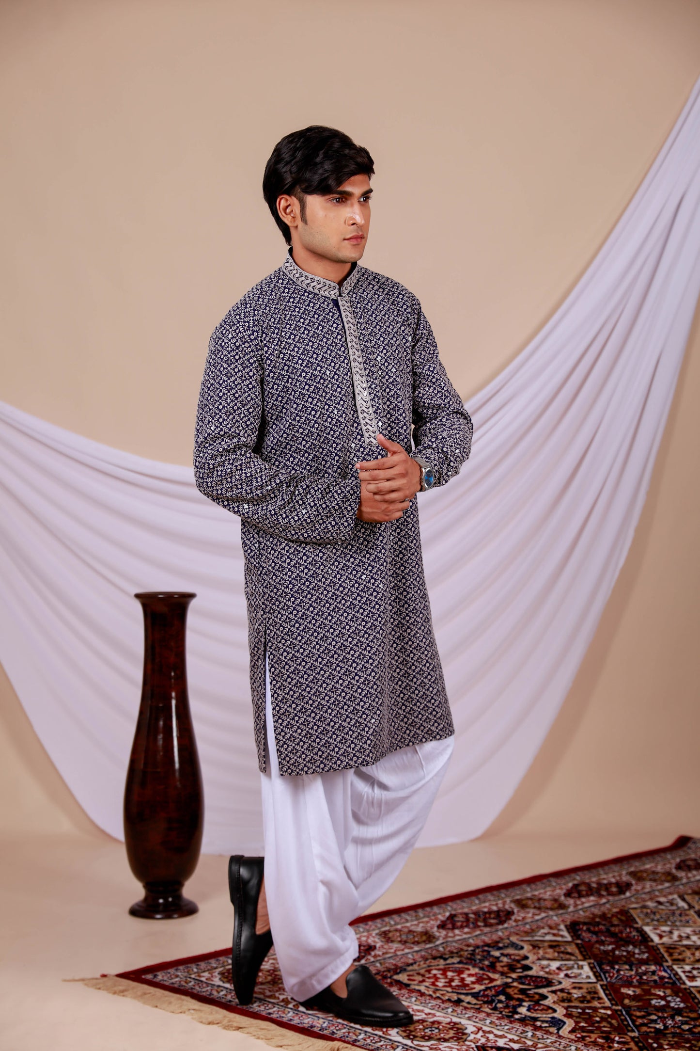 Blue Lucknowi Kurta with White Embroidery Work (Only Kurta)