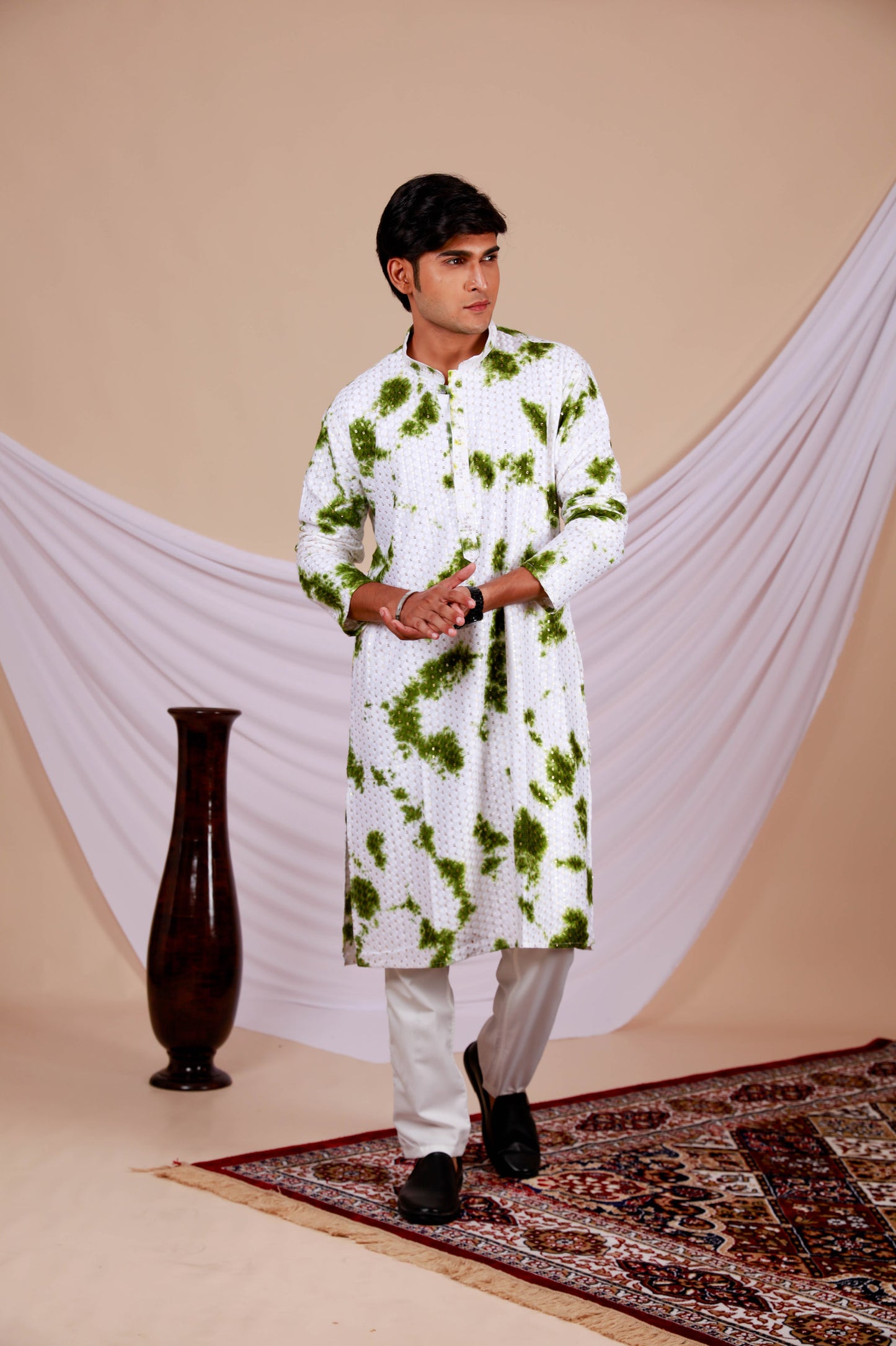 White Lucknowi Kurta With Jari Printed Green Splash Pattern (Only Kurta)