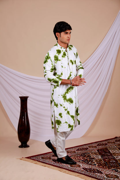 White Lucknowi Kurta With Jari Printed Green Splash Pattern (Only Kurta)