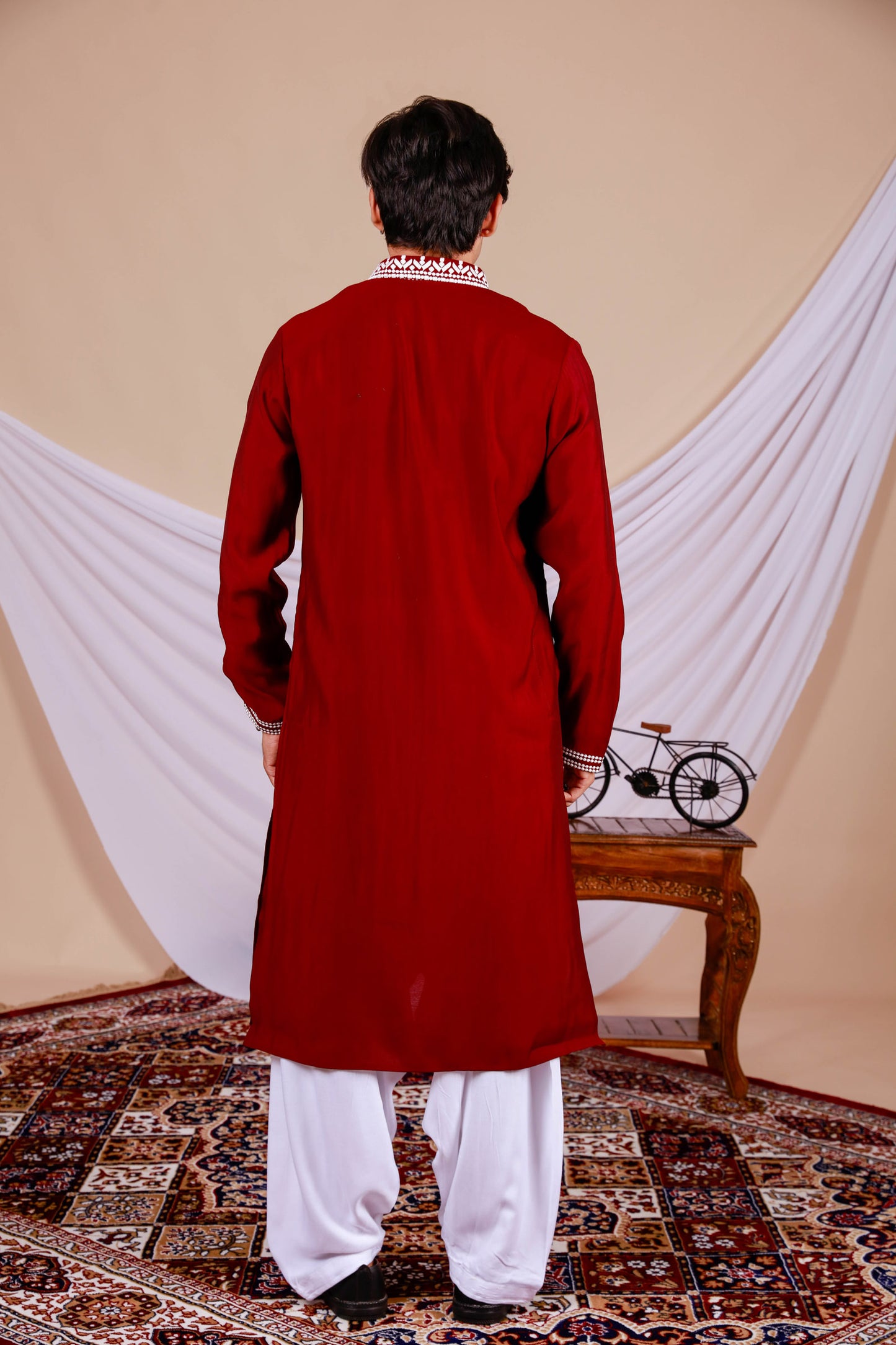 Maroon Plain Kurta With minimal Embroidered Neck (Only Kurta)