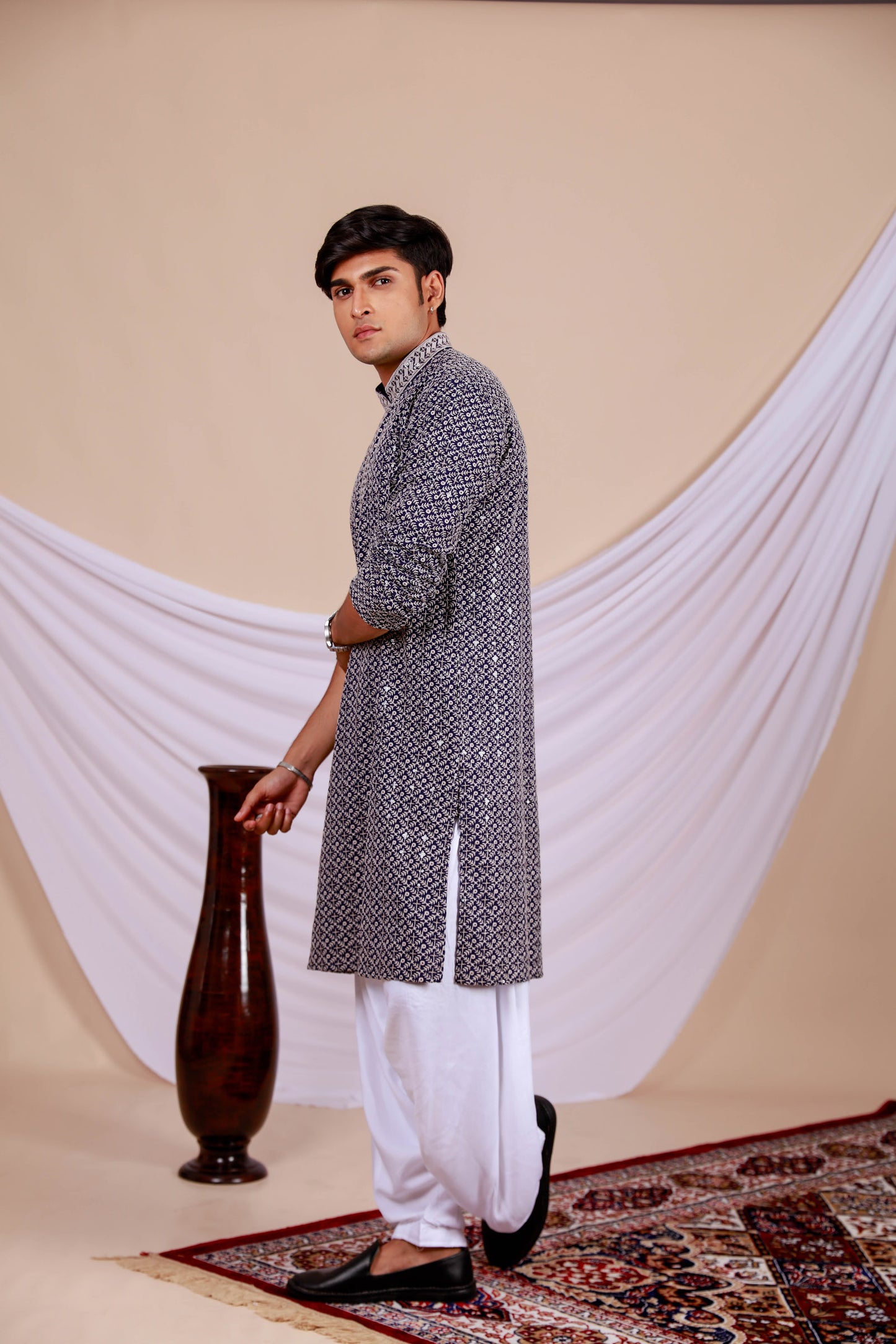 Blue Lucknowi Kurta with White Embroidery Work (Only Kurta)