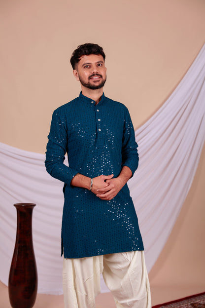 Peacock Blue Lucknowi Chikankari Kurta for Men (Only Kurta)