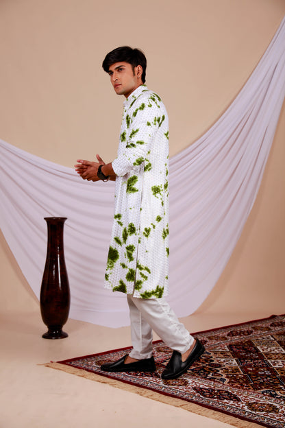 White Lucknowi Kurta With Jari Printed Green Splash Pattern (Only Kurta)