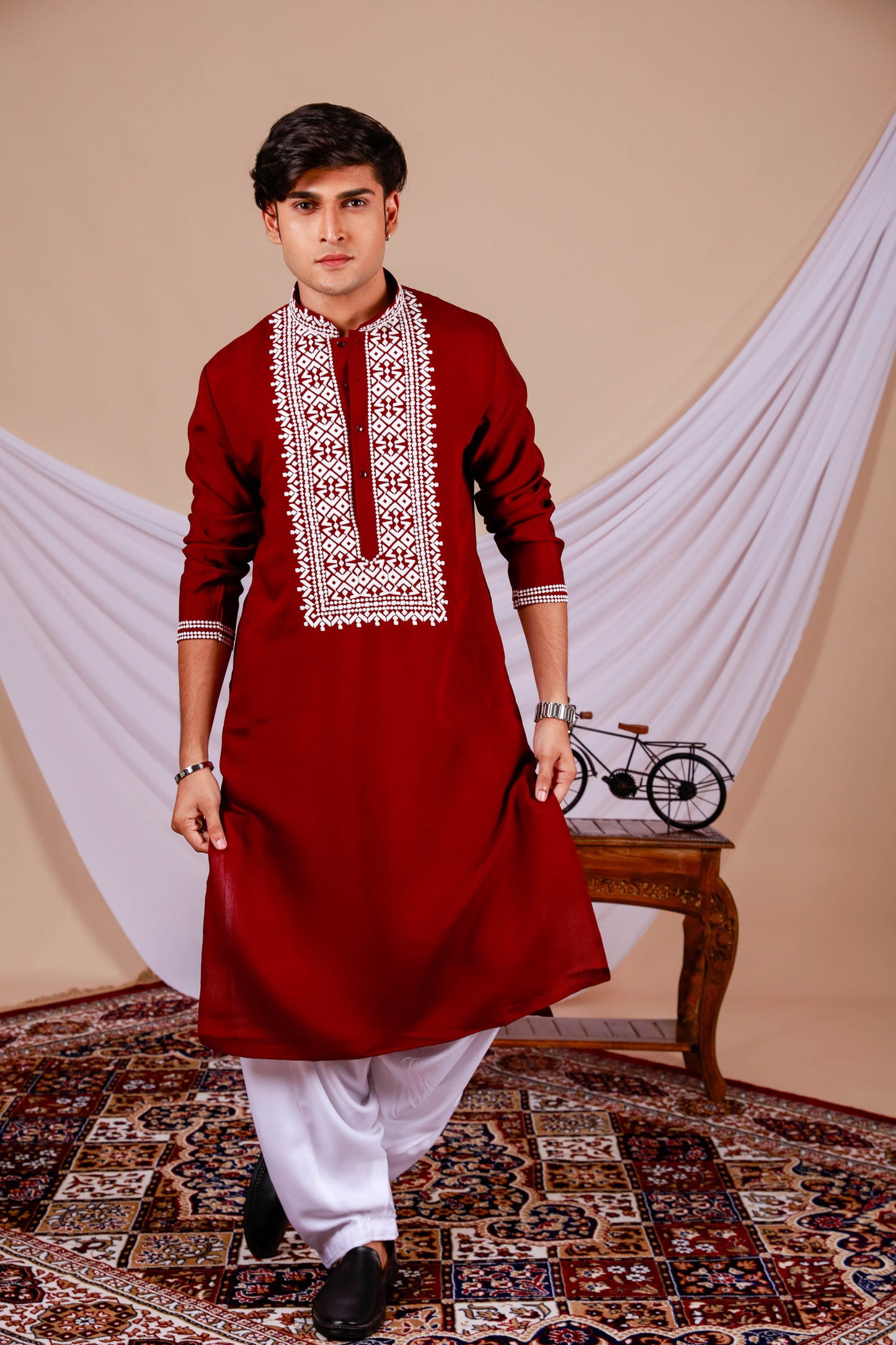 Maroon Plain Kurta With minimal Embroidered Neck (Only Kurta)