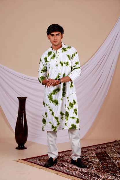 White Lucknowi Kurta With Jari Printed Green Splash Pattern (Only Kurta)