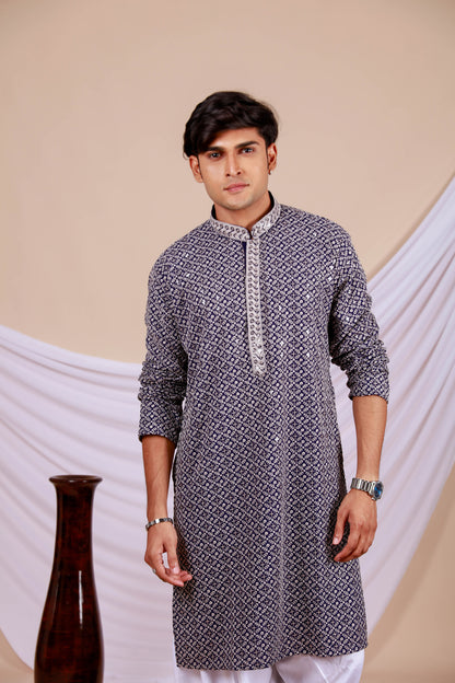 Blue Lucknowi Kurta with White Embroidery Work (Only Kurta)