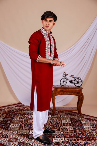 Maroon Plain Kurta With minimal Embroidered Neck (Only Kurta)