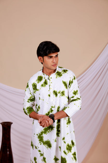 White Lucknowi Kurta With Jari Printed Green Splash Pattern (Only Kurta)