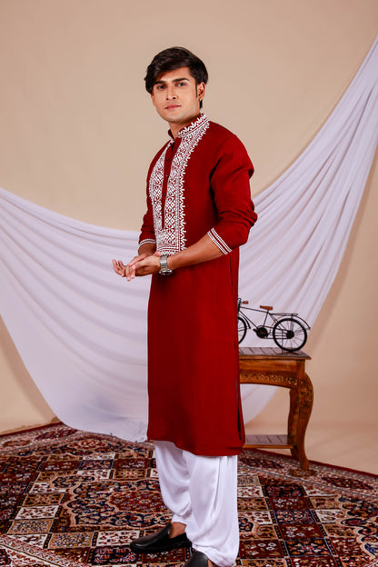 Maroon Plain Kurta With minimal Embroidered Neck (Only Kurta)