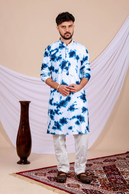 White Lucknowi Kurta With Jari Printed Blue Splash Pattern (Only Kurta)