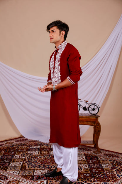 Maroon Plain Kurta With minimal Embroidered Neck (Only Kurta)