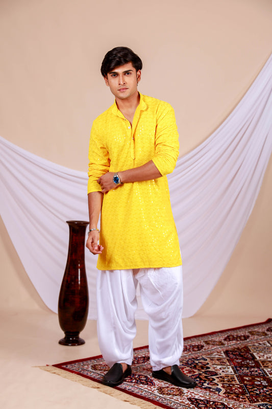 Yellow Lucknowi Chikankari Kurta for Men (Only Kurta)