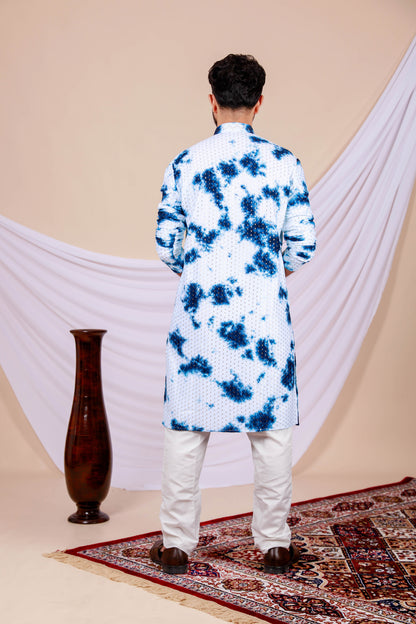 White Lucknowi Kurta With Jari Printed Blue Splash Pattern (Only Kurta)