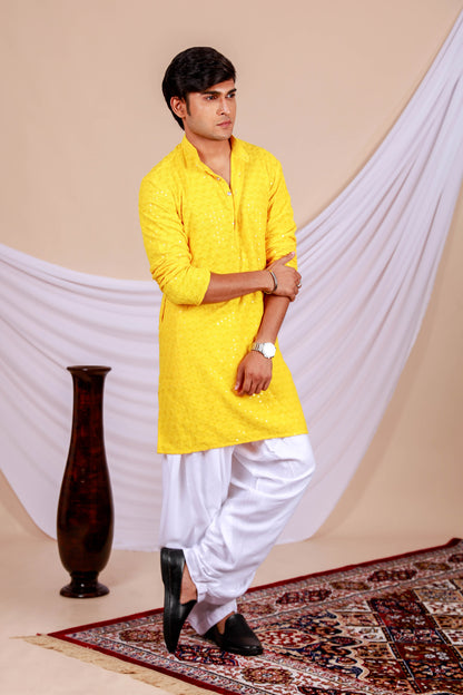 Yellow Lucknowi Chikankari Kurta for Men (Only Kurta)