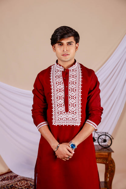 Maroon Plain Kurta With minimal Embroidered Neck (Only Kurta)