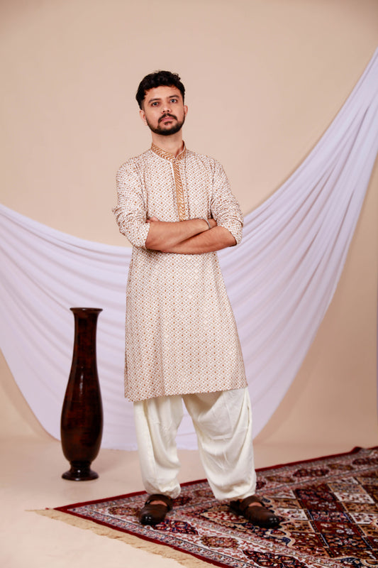 Brown Lucknowi Kurta with White Embroidery Work (Only Kurta)