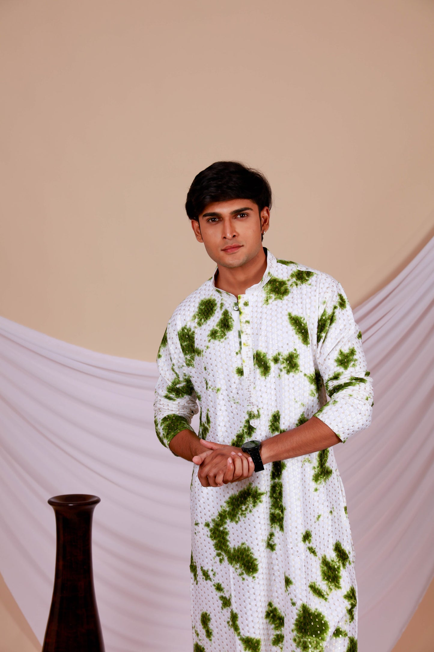 White Lucknowi Kurta With Jari Printed Green Splash Pattern (Only Kurta)