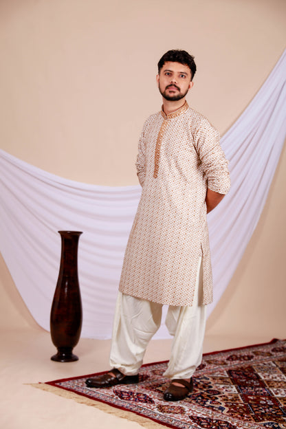 Brown Lucknowi Kurta with White Embroidery Work (Only Kurta)