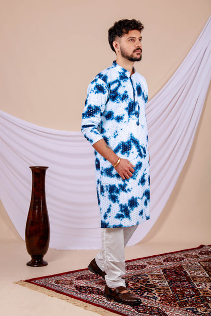 White Lucknowi Kurta With Jari Printed Blue Splash Pattern (Only Kurta)