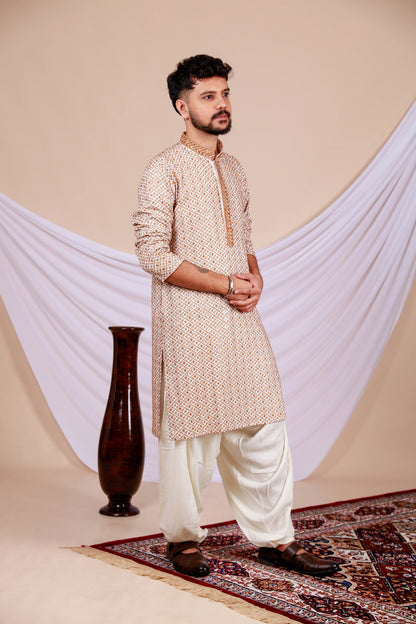 Brown Lucknowi Kurta with White Embroidery Work (Only Kurta)