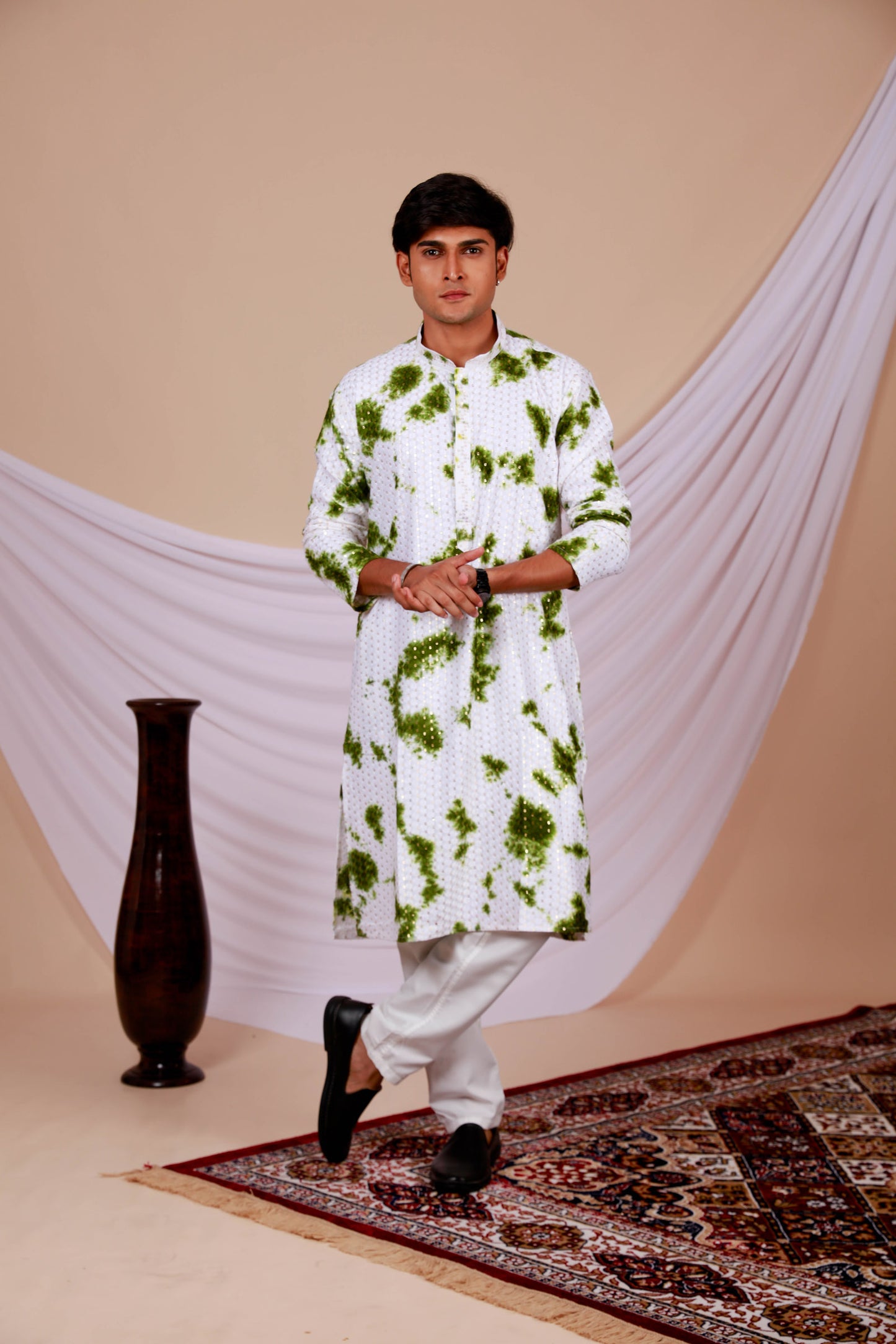 White Lucknowi Kurta With Jari Printed Green Splash Pattern (Only Kurta)