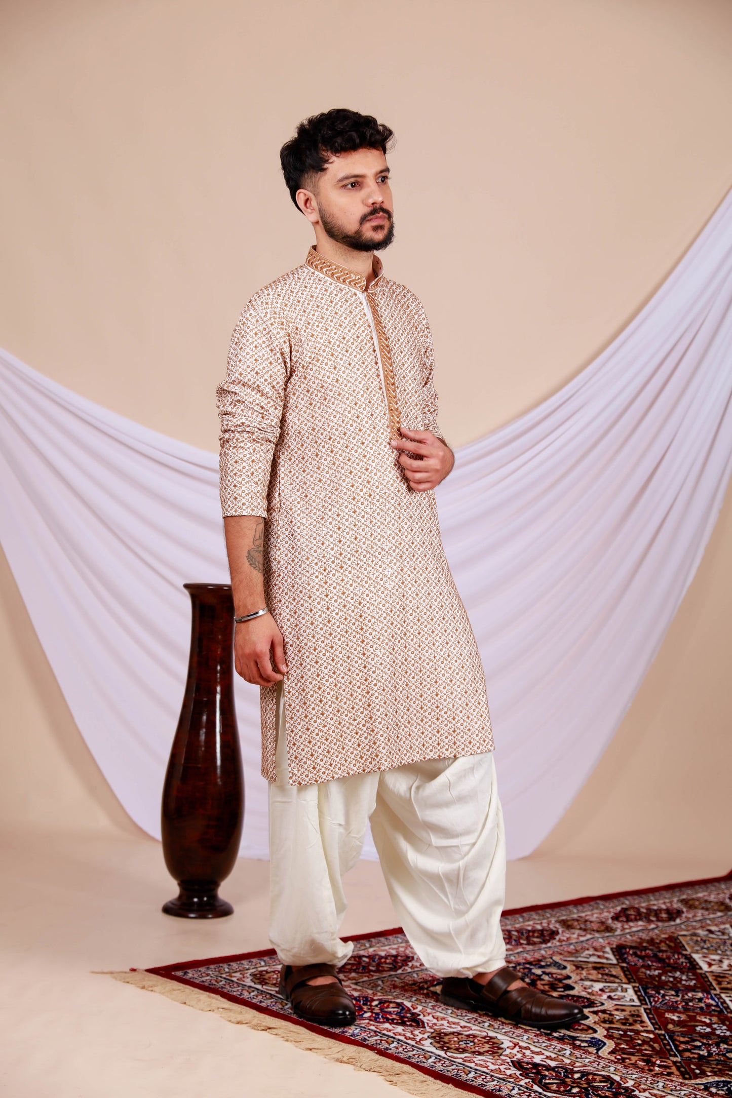 Brown Lucknowi Kurta with White Embroidery Work (Only Kurta)