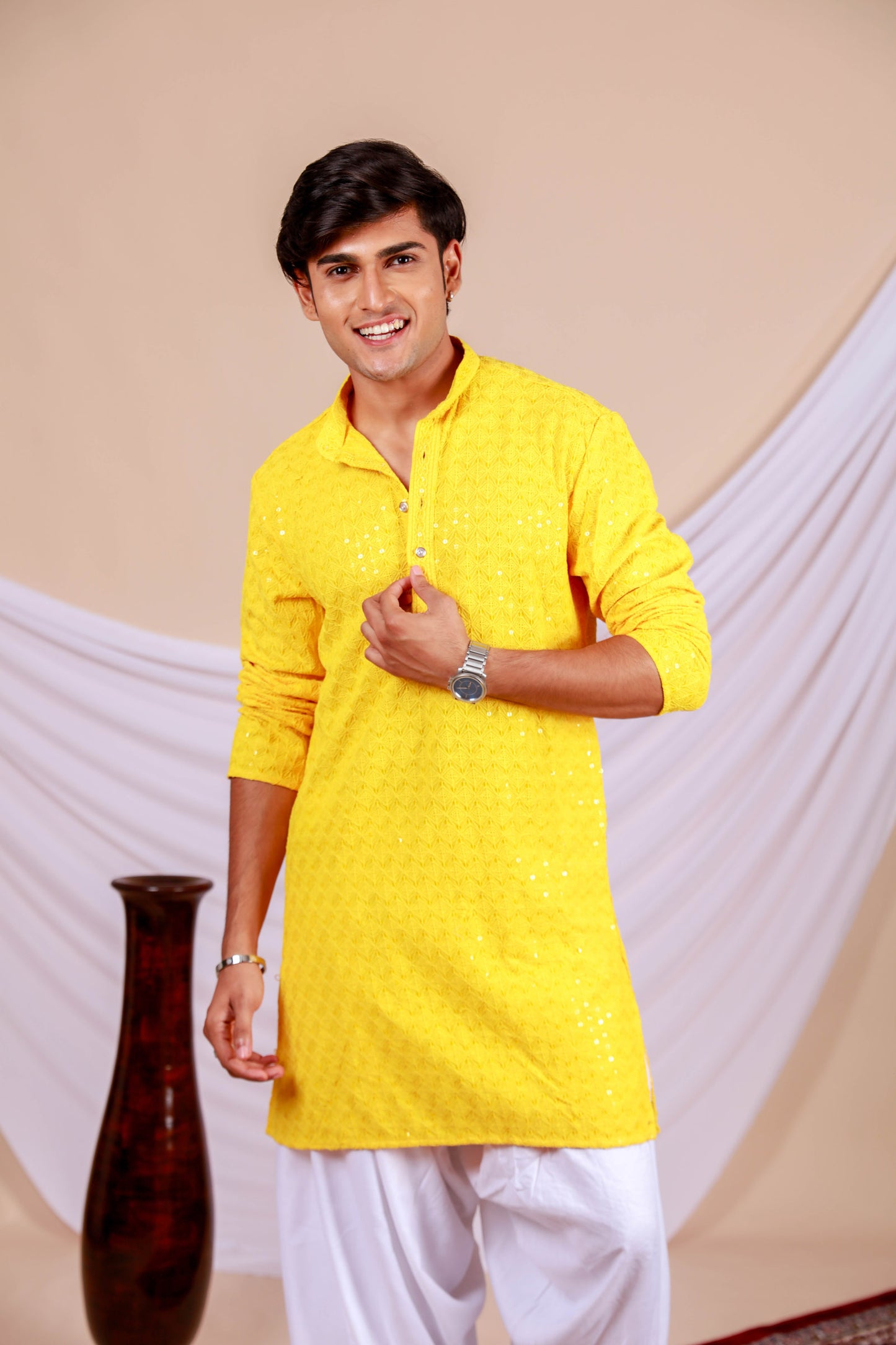 Yellow Lucknowi Chikankari Kurta for Men (Only Kurta)