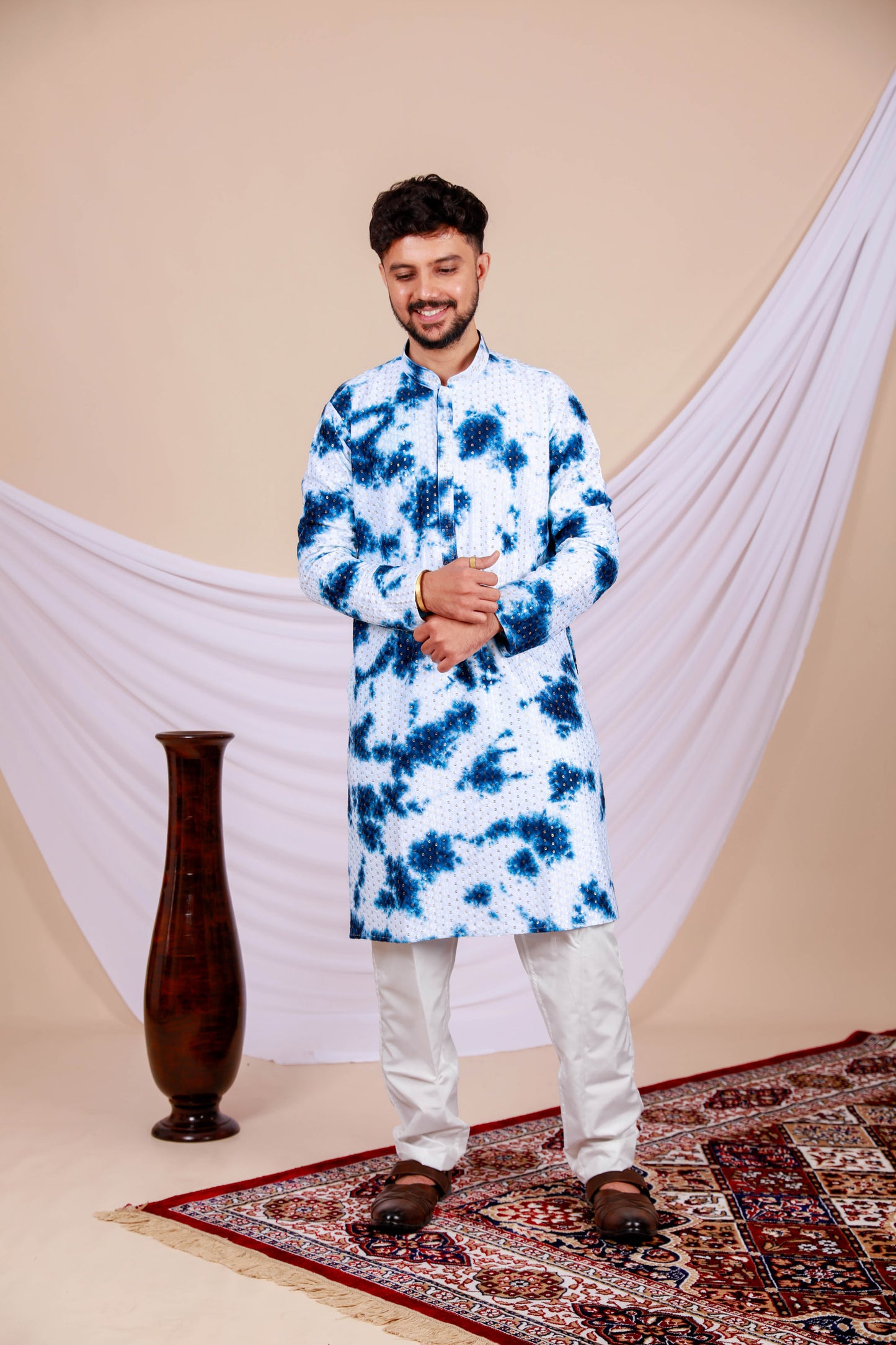 White Lucknowi Kurta With Jari Printed Blue Splash Pattern (Only Kurta)