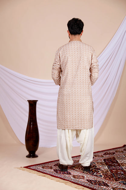 Brown Lucknowi Kurta with White Embroidery Work (Only Kurta)