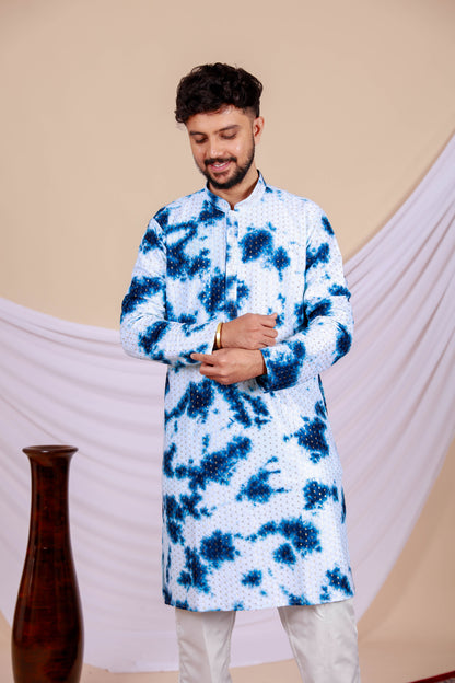 White Lucknowi Kurta With Jari Printed Blue Splash Pattern (Only Kurta)