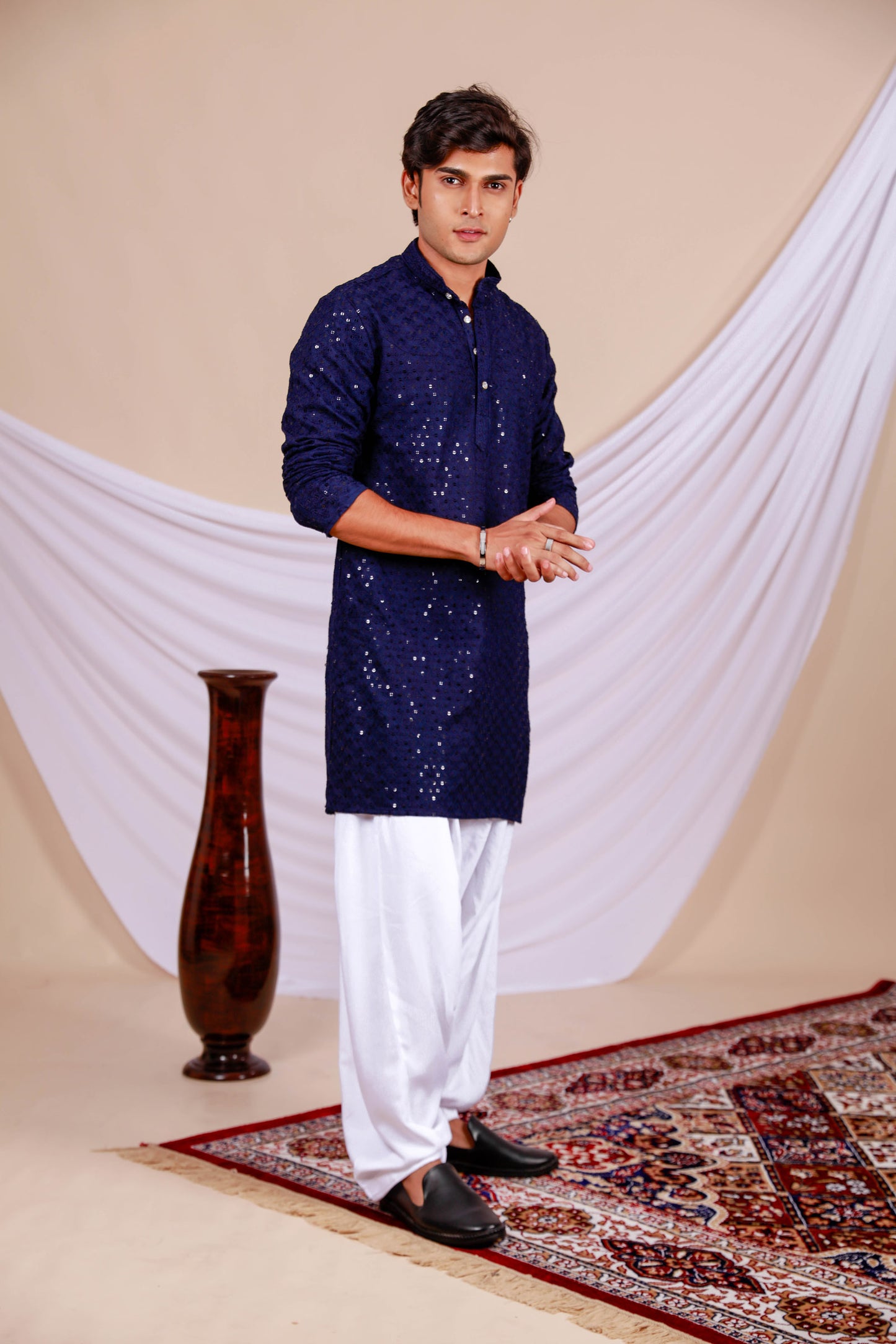 Dark Blue Lucknowi Chikankari Kurta for Men (Only Kurta)