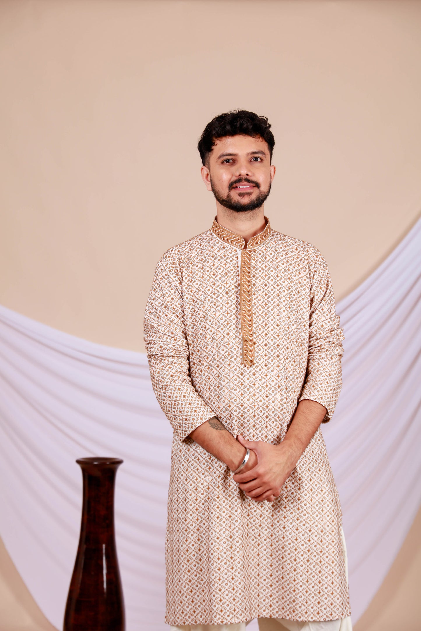 Brown Lucknowi Kurta with White Embroidery Work (Only Kurta)