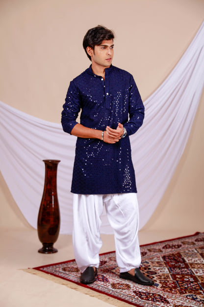 Dark Blue Lucknowi Chikankari Kurta for Men (Only Kurta)