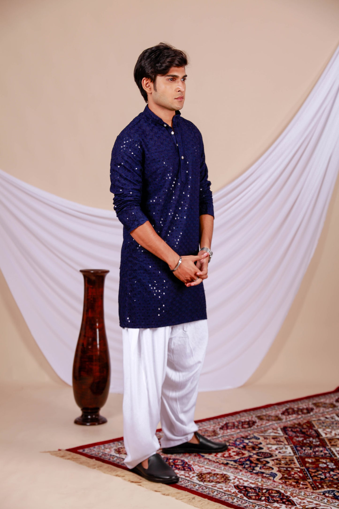 Dark Blue Lucknowi Chikankari Kurta for Men (Only Kurta)