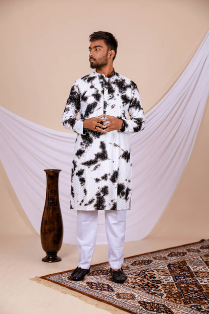 White Lucknowi Kurta With Jari Printed Black Splash Pattern (Only Kurta)