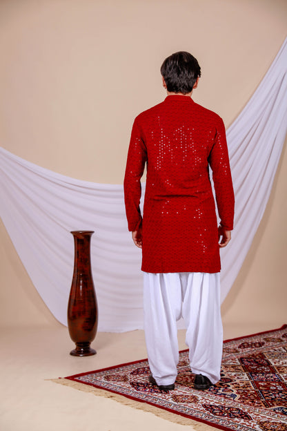 Wine Color Lucknowi Chikankari Kurta for Men (Only Kurta)