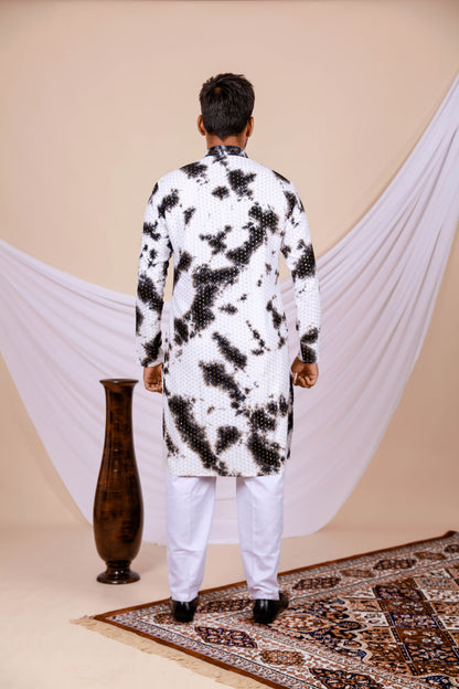 White Lucknowi Kurta With Jari Printed Black Splash Pattern (Only Kurta)