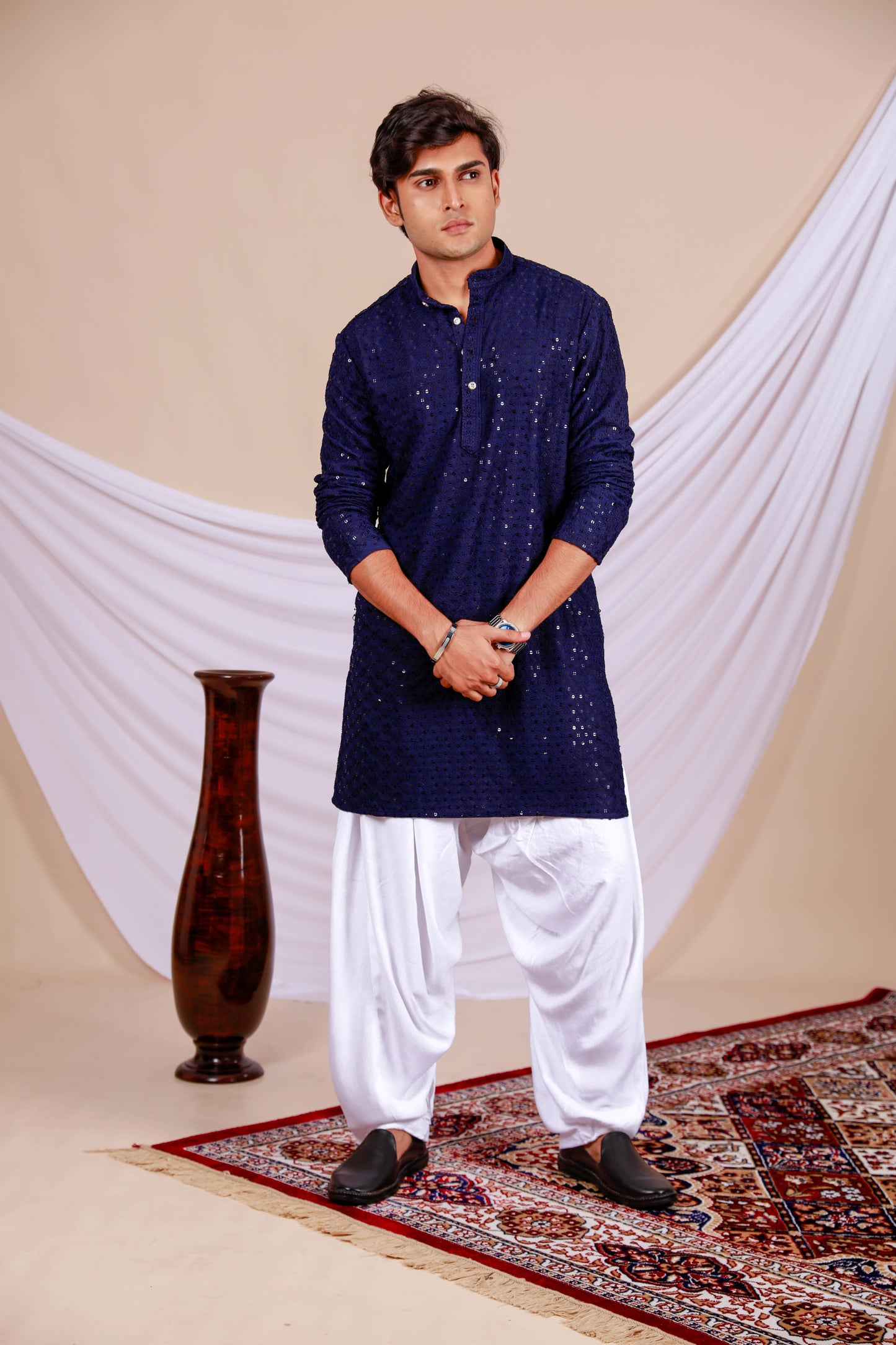 Dark Blue Lucknowi Chikankari Kurta for Men (Only Kurta)