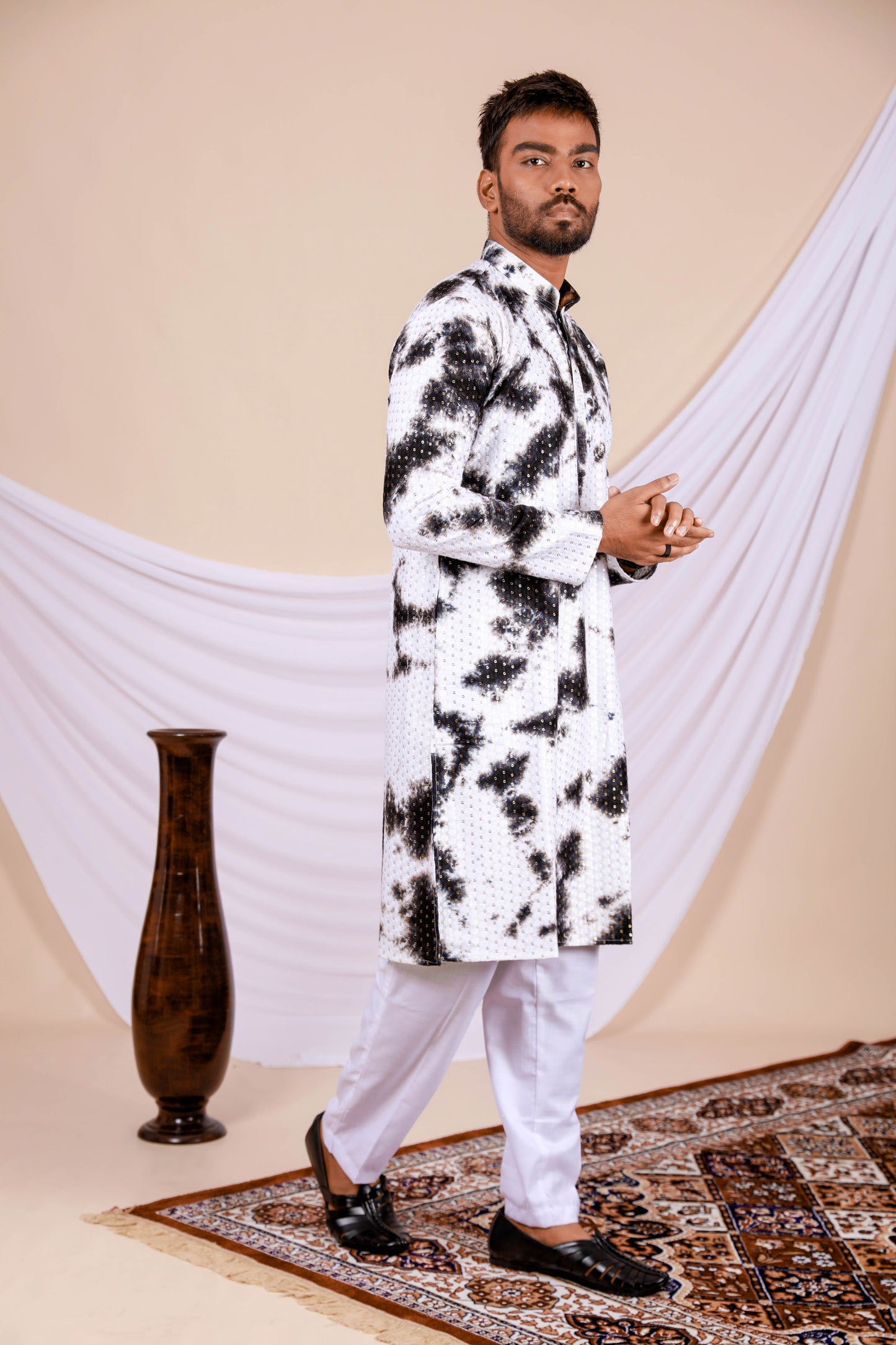 White Lucknowi Kurta With Jari Printed Black Splash Pattern (Only Kurta)