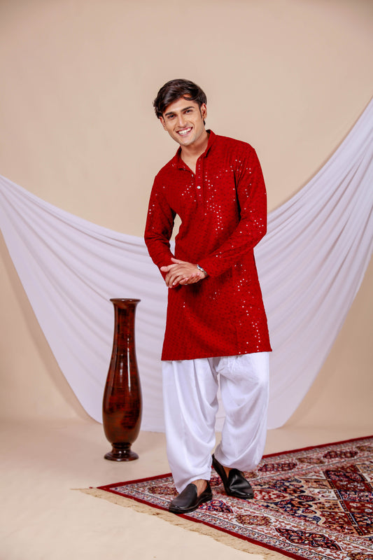 Wine Color Lucknowi Chikankari Kurta for Men (Only Kurta)