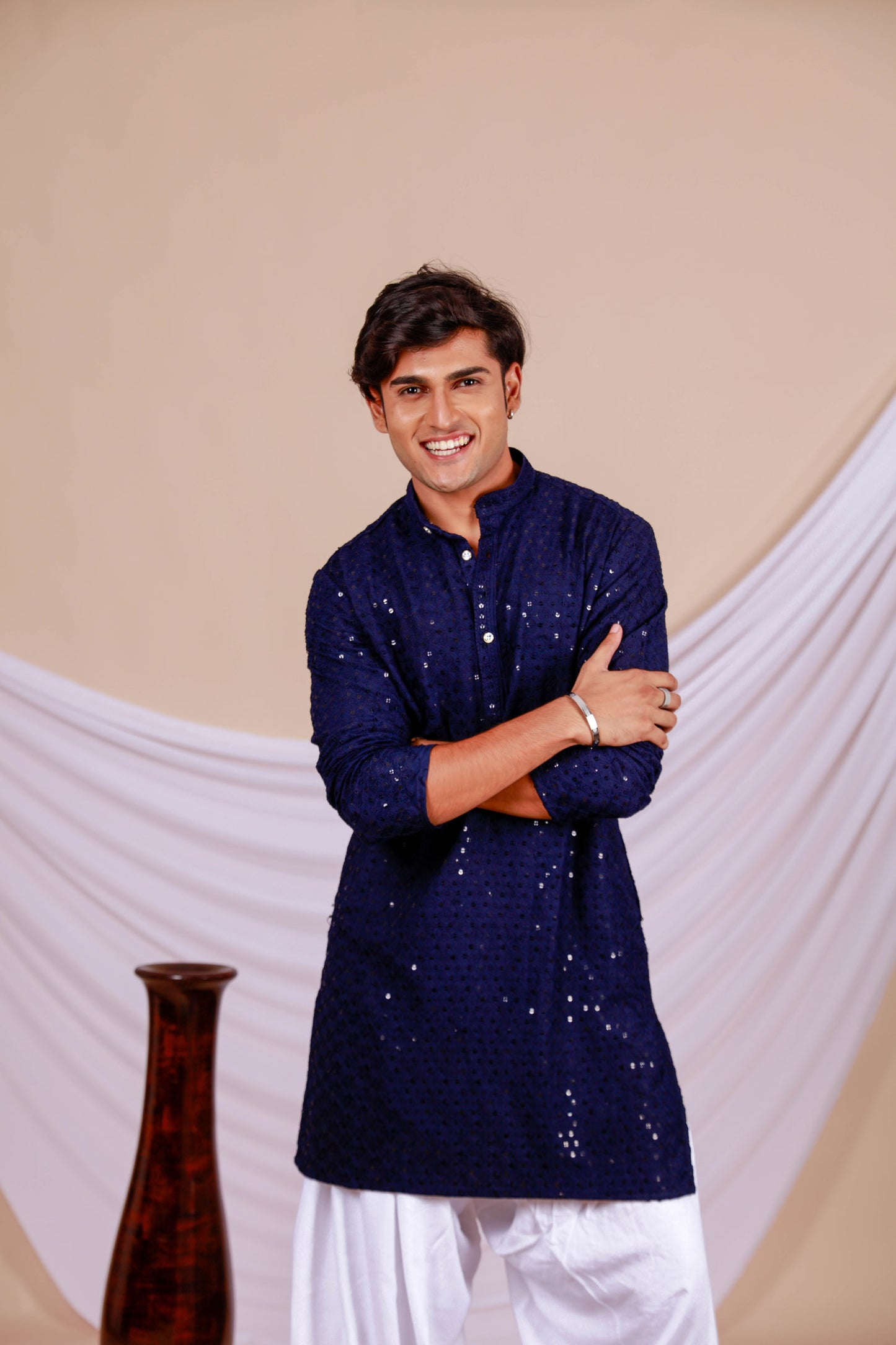 Dark Blue Lucknowi Chikankari Kurta for Men (Only Kurta)