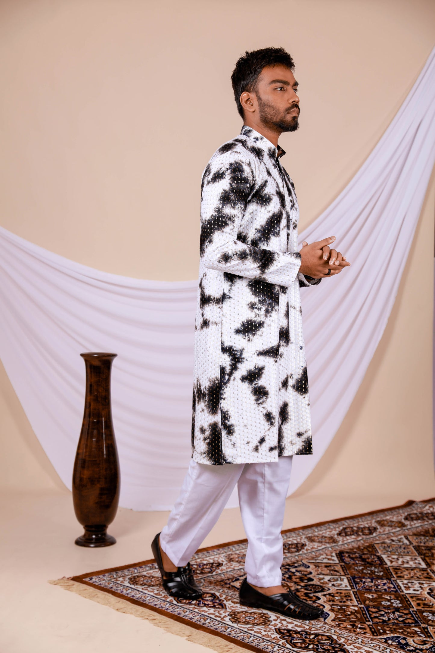 White Lucknowi Kurta With Jari Printed Black Splash Pattern (Only Kurta)