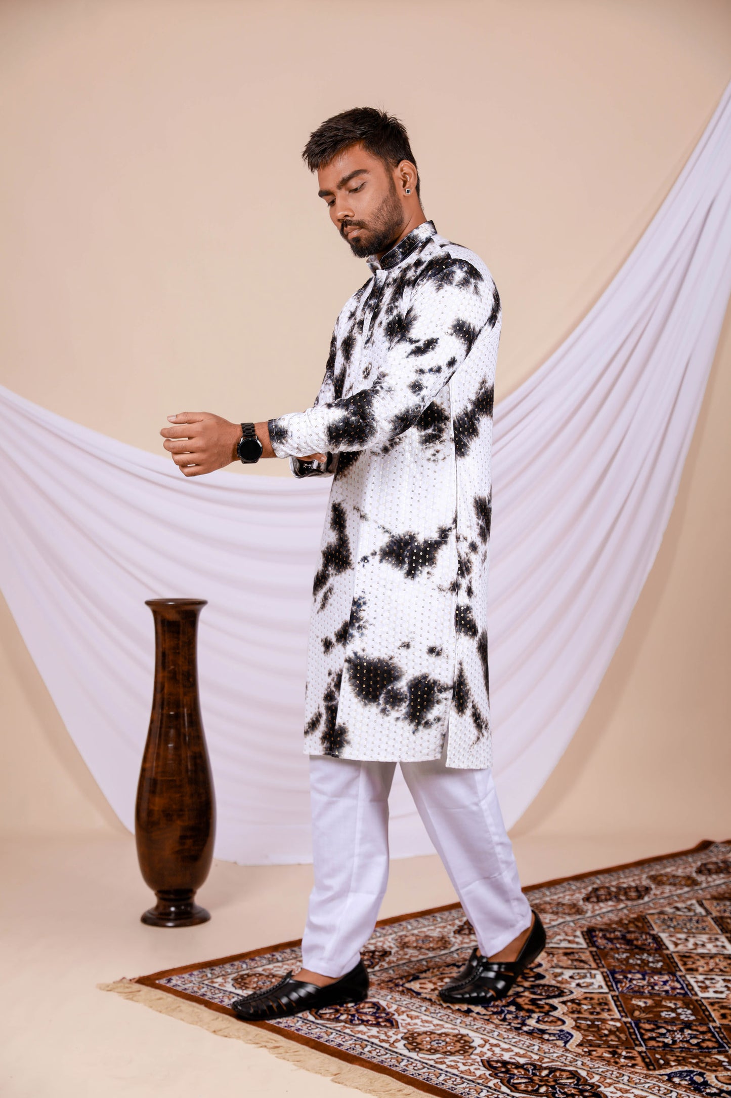 White Lucknowi Kurta With Jari Printed Black Splash Pattern (Only Kurta)