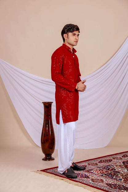 Wine Color Lucknowi Chikankari Kurta for Men (Only Kurta)