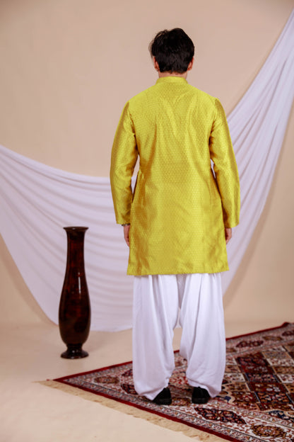 Yellow Textured Kurta with golden dots for men (Only Kurta)